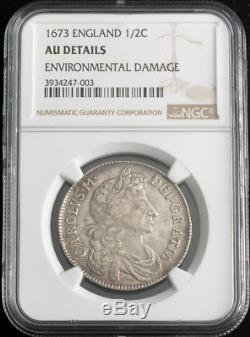 1673, Great Britain, Charles II. Silver Half Crown Coin. Very Rare! NGC AU+