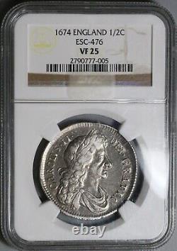 1674 NGC VF 25 Charles II 1/2 Crown Rare Great Britain Silver Coin (23030301C)