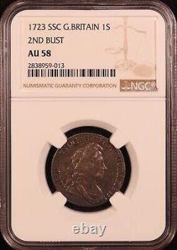 1723 Great Britain Silver Shilling 2nd Bust South Sea Company -NGC AU58! Rare