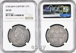 1745, Great Britain, George II. Silver ½ Crown Coin. Rare LIMA Issue! NGC AU-53