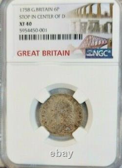 1758 Great Britain 6 Pence 6p George II Stop In Center Of D Ngc Xf 40 Rare