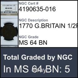 1770 Great Britain? 1/2 P HALFPENNY Coin NGC MS 64 BN KING? GEORGE- RARE