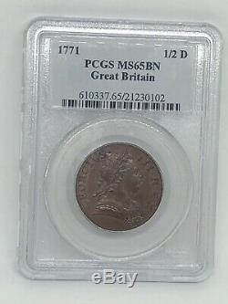 1771 Great Britain King George III 1/2d Pcgs Ms 65 Bn Copper Halfpenny -rare