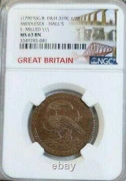 1790 Great Britain 1/2 Penny D&h 319c Middlesex Halls Toucan Ngc Ms 63 Bn Rare