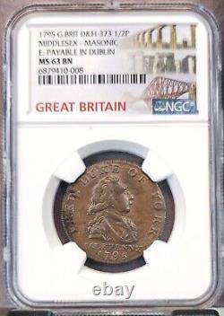 1795 Great Britain 1/2 Penny D&h 373 Middlesex Masonic Dublin Ngc Ms 63 Bn Rare