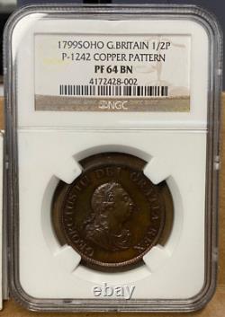 1799 Soho Great Britain 1/2p P-1242 Copper Pattern Pf64 Bn Ngc Rare Top Pop