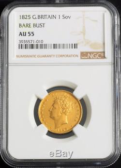 1825, Great Britain, George IV. Rare Gold Bare Bust Sovereign Coin. NGC AU-55