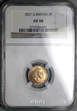 1837 NGC AU 58 William IV Great Britain 3 Pence Rare Coin POP 1/0 (22091902D)