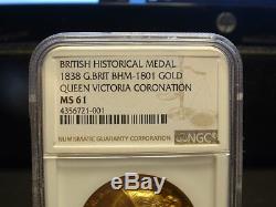 1838 Great Britain Rare Gold Bhm-1801 Queen Victoria Coronation Medal Ngc-ms61