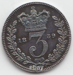1839 Proof Silver Threepence 3d Queen Victoria Great Britain Very Rare
