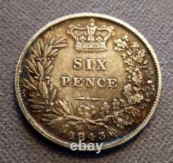 1843 Great Britain Queen Victoria Sterling Silver Sixpence. Very Rare Date
