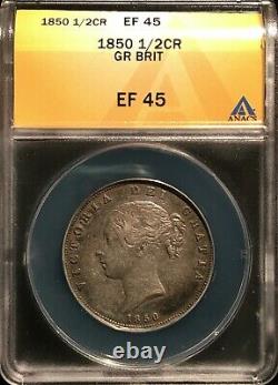 1850 Great Britain 1/2 Crown==ANACS XF-45 ==Cat. $1,150 == Rare=FREE SHIPPING