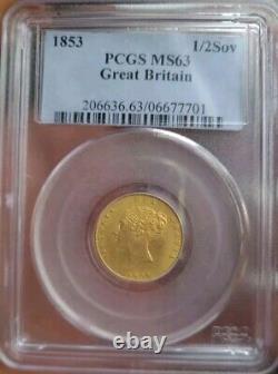 1853 Great Britain Half Sovereign Gold Coin Slabbed By PCGS MS63 RARE