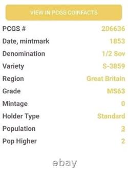 1853 Great Britain Half Sovereign Gold Coin Slabbed By PCGS MS63 RARE