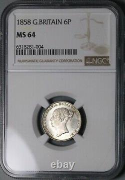 1858 NGC MS 64 Victoria 6 Pence Great Britain Rare Silver Coin (23042401C)