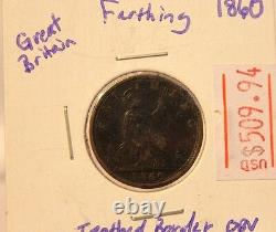 1860 Great Britain Farthing RARE Toothed and Beaded Border Coin Thecoindigger
