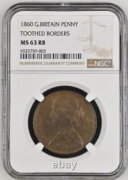 1860 Great Britain Penny KM# 749.2 Toothed Borders NGC MS63 RB RARE VARIANT