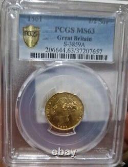 1861 Great Britain Half Sovereign Gold Coin Slabbed By PCGS MS63 RARE