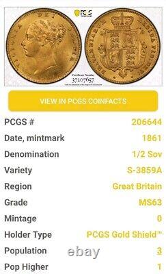 1861 Great Britain Half Sovereign Gold Coin Slabbed By PCGS MS63 RARE