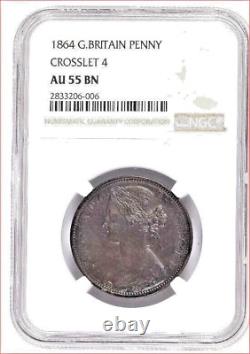 1864 Penny 1d, Crosslet 4, AU55 NGC, Extremely Rare, Great Britain