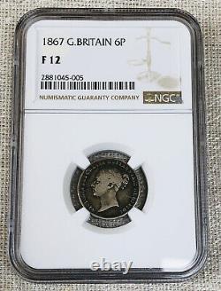 1867 Victoria 6 Pence Rare Great Britain Coin F12