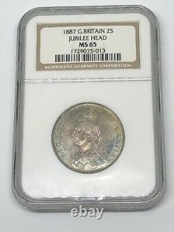1887 Great Britain Jubilee Head 2 Shillings NGC MS 65 SILVER Coin Rainbow RARE