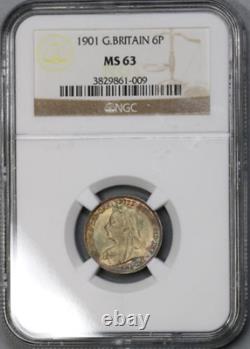 1901 Silver Six Pence Great Britain Km#779 Ngc Ms-63 Rare R5 Highest Grades