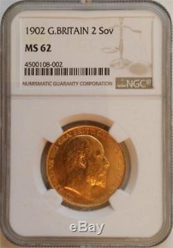 1902 Gold 2 Pounds Great Britain, Rare, Ngc Ms-62