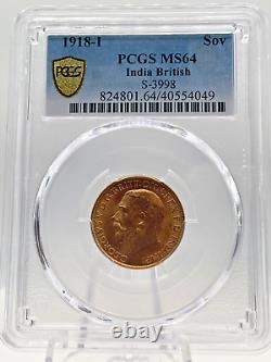 1918-I India George V Gold Sovereign PCGS MS-64 Great Britain 0.2354 Oz AGW RARE