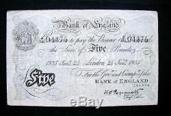 1935 England Great Britain RARE Banknote 5 pounds VF signed
