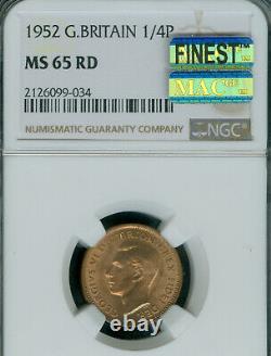 1952 Great Britain Farthing Ngc Ms65 Red Pq Mac Finest Grade Rare Km# 867