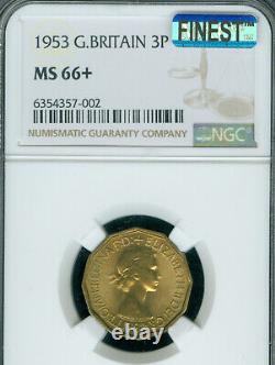 1953 Great Britain 3 Pence Ngc Ms66 + Plus Mac Finest Grade Mac Spotless Rare