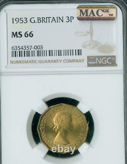 1953 Great Britain 3 Pence Ngc Ms66 Pq 2nd Finest Grade Mac Spotless Rare
