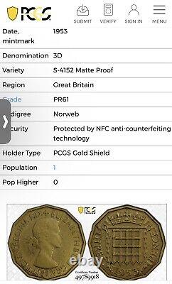 1953 Great Britain Matte Proof Threepence PCGS PR61 Norweb Pop 1 S-4152 Rare