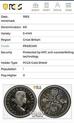 1955 GREAT BRITAIN ELIZABETH SIXPENCE PCGS PR-63 Cam Rare Pop 1/0 Finest Proof