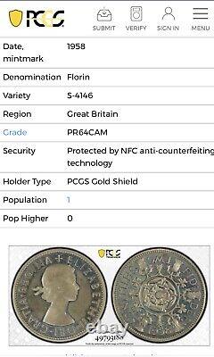 1958 GREAT BRITAIN TWO SHILLINGS Florin PCGS Pop 1 PR64 Cam Rare S-4146 Proof