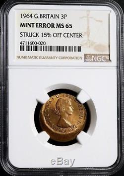 1964 UK Great Britain Threepence Mint Error Struck Off Centre NGC MS65 Rare Coin