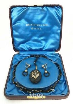 19th Century Victorian Onyx, Gold, & Pearl Mourning Necklace & Earrings RARE
