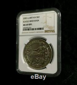 2005 Great Britain Seated Britannia £2 Silver 1 oz Coin NGC MS 69 DPL Rare Coin
