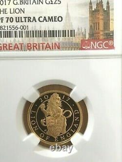 2017 Great Britain £25 1/4 oz Gold Proof Queen's Beast LION NGC PF70 RARE