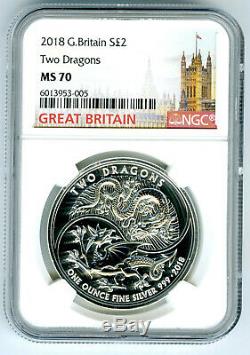 2018 2pd Great Britain 1oz Silver Two Dragons Ngc Ms70 Rare
