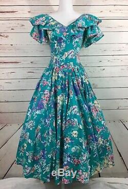 80s Laura Ashley Floral Ruffle Dress Rare Sz 6/8 Full Skirt Teal Great Britain