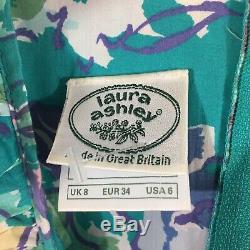 80s Laura Ashley Floral Ruffle Dress Rare Sz 6/8 Full Skirt Teal Great Britain