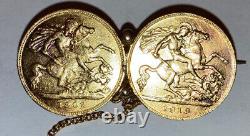 Antique Great Britain 1902 & 1913 Half Sovereigh gold coin rare brooch