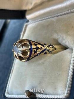 Antique London 1891 18k Gold. 66 Ct Mine Cut Diamond Blue Enamel Ring Rare