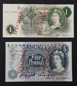 England, Great Britain SPECIMEN £1 & £5, (1966-70) Sign J. S. Fforde A. UNC/RARE