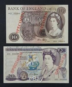 England, Great Britain SPECIMEN £10 & £20 (1966-70) Sign J. S. Fforde A. UNC/RARE