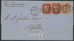GB 1863 QV 1d stars (2x, ME, MF) + 4d NO Hairlines rare mixed postage to MALTA