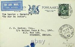 GB 1932 Rare London Karachi By Air In India Imperial Flight Card To Ceylon