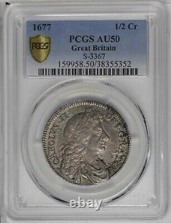 GB008 Rare 1677 Great Britain 1/2 Crown PCGS AU50